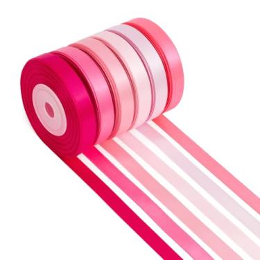 Imagem de Conjunto de fita rosa fina de 0,9 cm x 1,5 m de fita de cetim rosa sortida dupla face para buquê de flores, embrulho de presente, convite de casamento, chá de panela, chá de bebê, laços de cabelo e
