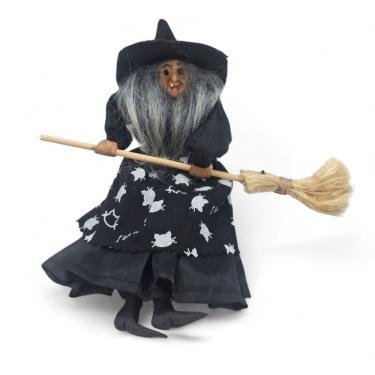Imagem de Enfeite Bruxa com a Vassoura para Pendurar de Gatinho 23 cm