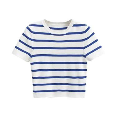 Imagem de Suéter Feminino de Malha Listrada Vintage - Gola Redonda e Manga Curta