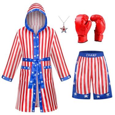 Imagem de yolsun Fantasia masculina de boxe com bandeira americana, conjunto de luvas de boxe com capuz e shorts para Halloween (boxe com bandeira americana, médio)