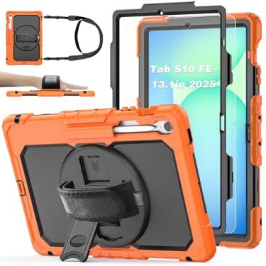 Imagem de BASE MALL Capa para tablet Samsung Galaxy Tab S10 FE+/S10 FE Plus 33.3 cm 2025 com protetor de tela de vidro temperado, com suporte giratório, suporte para caneta S, alça de mão e ombro (laranja)