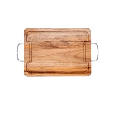 Imagem de Tábua de Madeira Teca para Churrasco, 33,5x24cm, Alças em Alumínio, Canaleta para Sangue