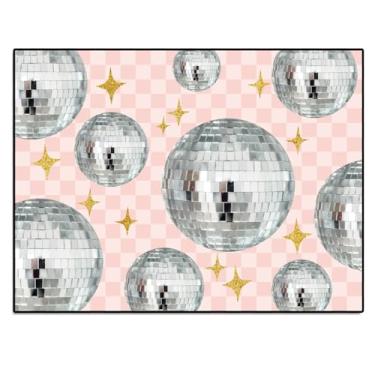 Imagem de Nuanchu Tapete de área de sala de aula com bola de discoteca, 17 m x 12 cm, rosa quadriculado, tapete educativo, para quarto de crianças, base rosa, pastel, tapete brilhante, bola de discoteca