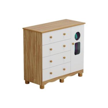 Imagem de Cômoda Infantil Tedy c/ 1 Porta Cristal e 4 Gavetas Branco/Amendoa - Peroba