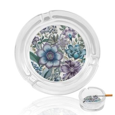 Imagem de Cinzeiro de cristal de flores roxas azuis, cinzeiro redondo de vidro resistente, cinzeiro moderno decorativo portátil para uso em casa, escritório, interior, exterior, pátio