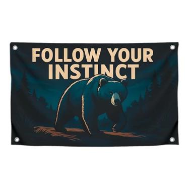 Imagem de Bandeira de animais de 9,5 x 1,5 m com citação "Follow Your Instinct" com 4 ilhós de latão - Bandeiras de urso legal de um lado na floresta noturna para decoração de jardim ou casa - Bandeira de