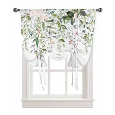 Imagem de Cortina de amarrar para janelas, flores de folha de eucalipto em aquarela em balão branco com bolso de haste cortinas ajustáveis para cozinha, quarto, tratamento de janela floral de verão, 1 painel