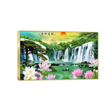 Imagem de BMZFYBS Impressão em tela de paisagem - árvore cachoeira lótus-natureza arte de parede imagem chinoiserie - pôster de decoração de moldura dourada 40 x 65 cm 16 x 26 pol