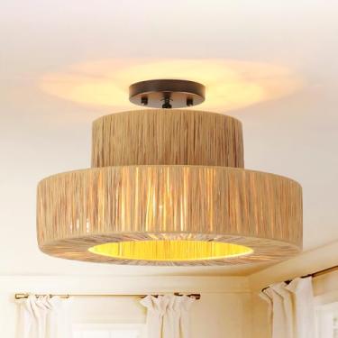 Imagem de Karjearl Luminárias de teto Boho Rattan, 15,7 polegadas 3 luzes de ráfia tambor de ráfia semi embutida iluminação de teto costeira tecida à mão para quarto, corredor, cozinha