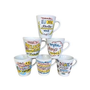 Imagem de Conjunto com 6 xícaras porcelana branca decorada dia das mães 120 ml