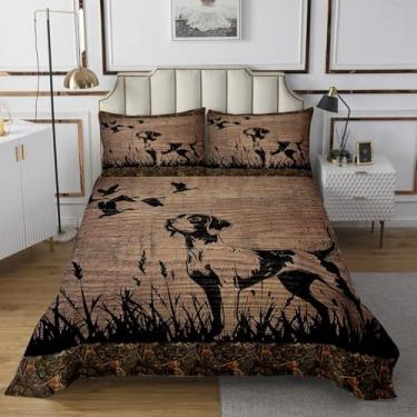 Imagem de jejeloiu Colcha de caça de pato, conjunto de colcha de cachorro caçador, tamanho king para crianças, meninos, meninas, pato-real, colcha acolchoada para todas as estações, com 2 fronhas, estampa de