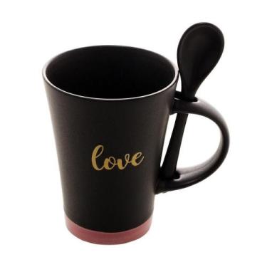Imagem de Caneca De Cerâmica Love Preta 310ml Com Colher - Bravalumi