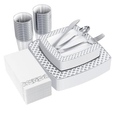 Imagem de FOCUSLINE Conjunto de louça prata de 175 unidades para 25 convidados, pratos de plástico quadrados descartáveis com borda de diamante, inclui 25 pratos de jantar e sobremesa, guardanapos, copos