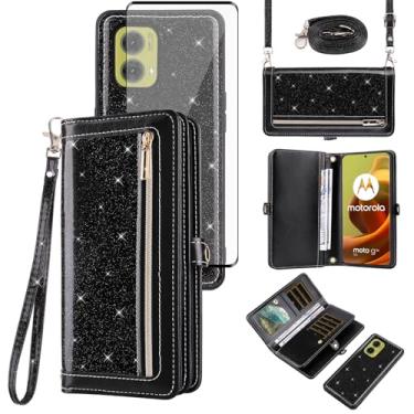 Imagem de Asuwish Capa carteira compatível com Motorola Moto G85 5G e protetor de tela de vidro temperado, capa flip de couro com glitter, zíper, suporte para cartão, acessórios para celular, capas de telefone