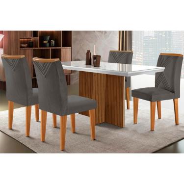 Imagem de Conjunto: Mesa Sala Jantar Berlim c/ Tampo Madeirado c/ Vidro Canto Curvo 120x80cm e 4 Cadeiras Amsterdã Imbuia/Off White - Suede Grafite - Rufato