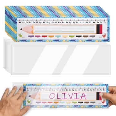 Imagem de 20 placas de nome coloridas para estudantes e bolsos para mesas - etiquetas autoadesivas para nome de mesa para sala de aula, placas de nome de alunos para crianças, materiais para professores