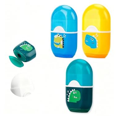 Imagem de GZBABY Apontador de lápis com borracha, pacote com 3, apontador de lápis multifuncional 2 em 1 e borrachas, fofo, portátil (padrão de dinossauro)