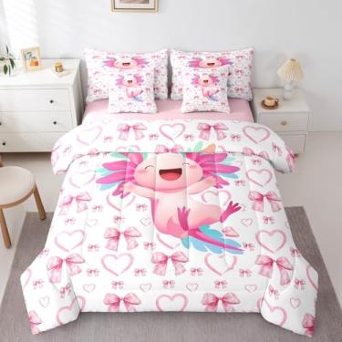 Imagem de Jogo de cama para meninas, Axolotl com laço colorido, fofo, 7 peças, para cama de solteiro, com laço e laço de fita sonhadora, para adolescentes e mulheres, conjunto de cama 3D