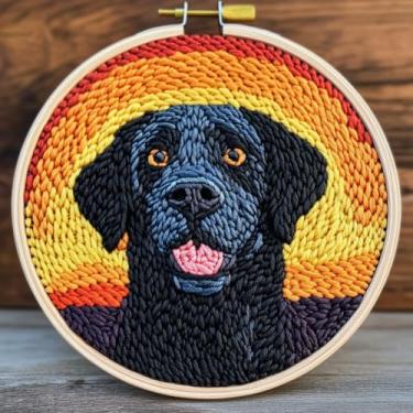 Imagem de Kits de agulhas de punção DIY para iniciantes, lindo cão labrador retriever preto com argola, bordado, agulha de perfuração, conjunto de artesanato fácil para adultos e crianças, presente e decoração