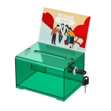 Imagem de Uniclife Caixa de doação de acrílico com trava e suporte de letreiro, urna verde transparente com ranhura, caixa de sugestões de plástico, recipiente de armazenamento de ponta, caixa de armazenamento