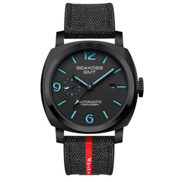 Imagem de SEAKOSS GMT Relógios de pulso masculinos automáticos 45 mm, data, 10 ATM, impermeável, gaivota, ST2557, movimento luminoso, aço inoxidável, vidro safira, relógio de pulso mecânico S8441, preto e azul