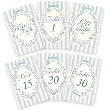 Imagem de GOMAKERER 32 peças de cartões de números de mesa de casamento, 1 a 30 placas de números de mesa de casamento de dupla face com faixa branca azul com cabeça e cartão de mesa de presente para festa de