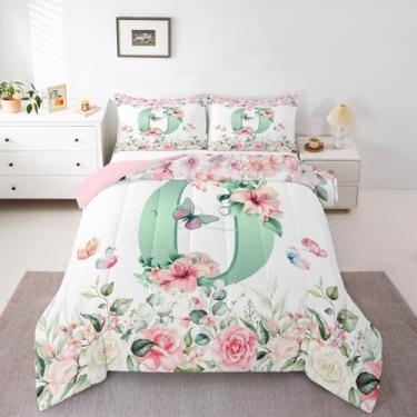 Imagem de Erosebridal Conjunto de edredom com letra O, monograma, verde, solteiro, para crianças, meninos, meninas, rosa, aquarela, flores, edredom personalizado, letra O, edredom