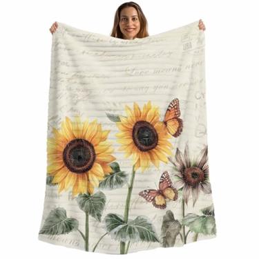 Imagem de Cobertor vintage de girassóis, cobertores macios botânicos macios para sofá-cama para viagens, cobertores de flanela listrados de microfibra floral de borboleta, cobertores leves de sofá 76 x 101 cm