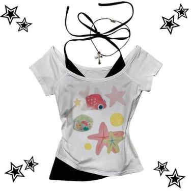 Imagem de Camiseta Gráfica Vintage Branca Feminina Estilo Y2K Padrão Fofo Retro 