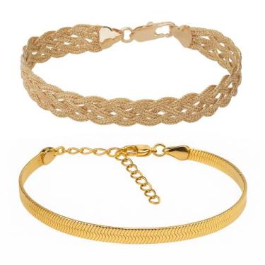 Imagem de Kit 2 Pulseira Laminada e Trançada 6 fios Folheada Ouro 18k - Papillon