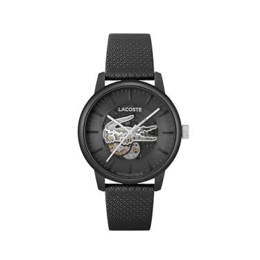 Imagem de Lacoste. Relógio automático masculino 12.12 - pulseira de couro esportiva - resistente à água até 5 ATM/50 metros - corda automática - relógio moderno premium - presente para ele - 44 mm, Preto