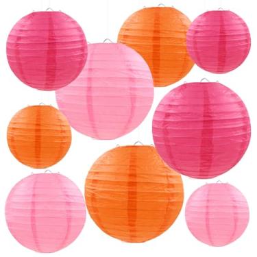 Imagem de FUGUIR Lanternas de papel laranja rosa decorativas, lanternas de papel redondas penduradas decorações para casamento, aniversário, casa, sala de aula, artigos de festa (9 peças)