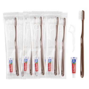 Imagem de LLHQAMT Escovas de dentes descartáveis com pasta de dente, kit de escova de dentes para viagem, embalado individualmente, marrom, com palhetas de fio dental, adequado para hotel, casa, acampamento