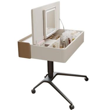 Imagem de Escrivaninha de penteadeira Penteadeira pequena móvel de madeira, penteadeira maquiagem moderna com espelho rebatível e estação carregamento para estúdio quarto, decoração pequenos espaços