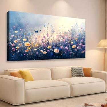 Imagem de JLXART Arte de parede em tela flores silvestres coloridas com borboletas decoração de parede roxo e amarelo papoula floral impressões de flores pinturas para sala de estar decorações de casa, 51 x 101
