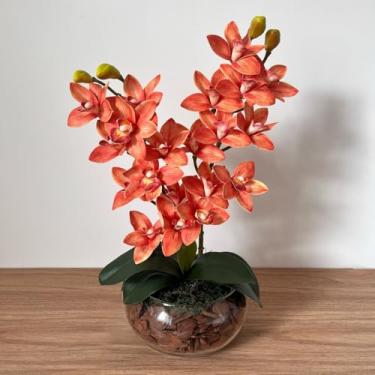 Imagem de Orquídeas Artificiais com Vaso Decorativo Vidro, Arranjo Flores para Decoração (Salmão)