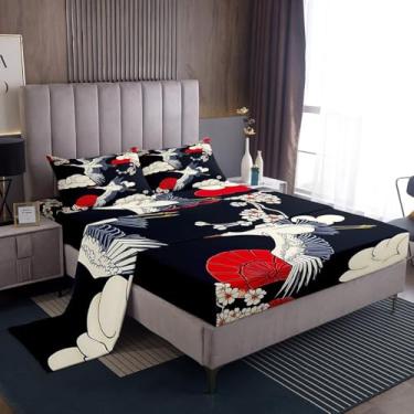 Imagem de Feelyou Jogo de lençol casal casal com flores de cerejeira de guindaste, ultramacio, com bolso alto, lençol com elástico alto, decoração de quarto exótico, onda