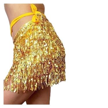 Imagem de Saia de dança do ventre, lenço de dança do ventre, lenço de quadril para dança do ventre, xale de lantejoulas, franja, cinto, dança do ventre, lenço de quadril 21 (dourado)