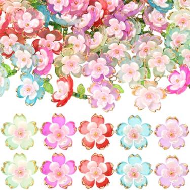 Imagem de SUNNYCLUE 1 caixa, 50 peças, pingentes de flores de acrílico em 5 cores, pingentes de flor de cerejeira a granel com metal dourado e contas de semente de vidro, pingentes para fazer joias, colares