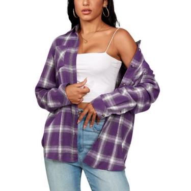 Imagem de Camisa de flanela KevaMolly xadrez de manga comprida para mulheres rox
