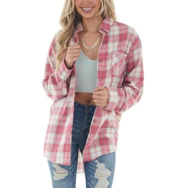 Imagem de Blusa feminina NUOREEL, casual, xadrez, macia, com botões, rosa brilha