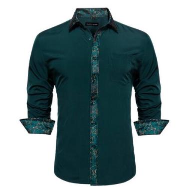 Imagem de Camisa casual Barry.Wang Green Button Dress, manga comprida, masculina