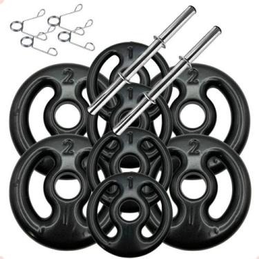 Imagem de Kit com Barras de Halteres e Anilhas Emborrachadas Preta - 12 Kg - BOX