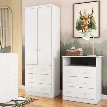 Imagem de Quarto Infantil com Guarda Roupas 2 Portas 3 Gavetas e Cômoda 3 Gavetas Smim New Móveis Peroba