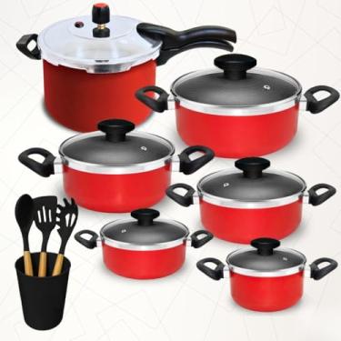 Imagem de Jogo de Panelas 10 Pçs Antiaderente Teflon Panela Pressão Fechamento Externa 4,5 Litros + Utensílios (Vermelha)