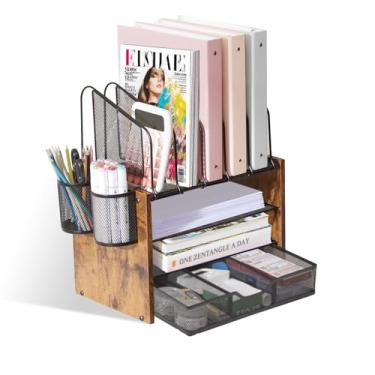 Imagem de Y YOMA Organizador de mesa de madeira com gaveta e 2 porta-canetas, organizadores de espaço de trabalho compactos de malha de 4 camadas com 5 suportes de arquivo verticais para escritório, casa