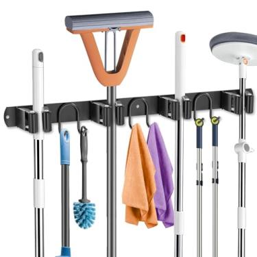 Imagem de GUUKAR Suporte de parede para vassoura de esfregão, organizador de ferramentas de aço inoxidável preto para cozinha, jardim, garagem, lavanderia, banheiro e trailer, com 4 compartimentos, 6 ganchos