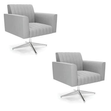 Imagem de Kit 2 Poltronas Giratória Viena Gomada Suede Cinza Base Cromada - D'rossi