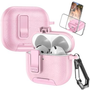 Imagem de Fofvccv Capa de couro para AirPods 4ª geração com mosquetão, suporta carregamento sem fio com suporte, capa de proteção robusta para AirPods 4, PWJ rosa