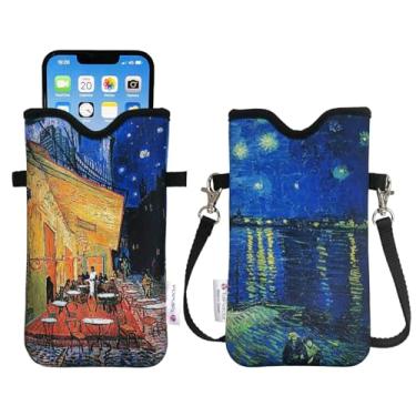Imagem de Tainada Bolsa de neoprene masculina e feminina com alça transversal/cordão de pescoço para iPhone 16/15/14 Pro Max, 16/15/14 Plus, Samsung S25, A55, Google Pixel 9 (Van Gogh Café Terrace at Night)